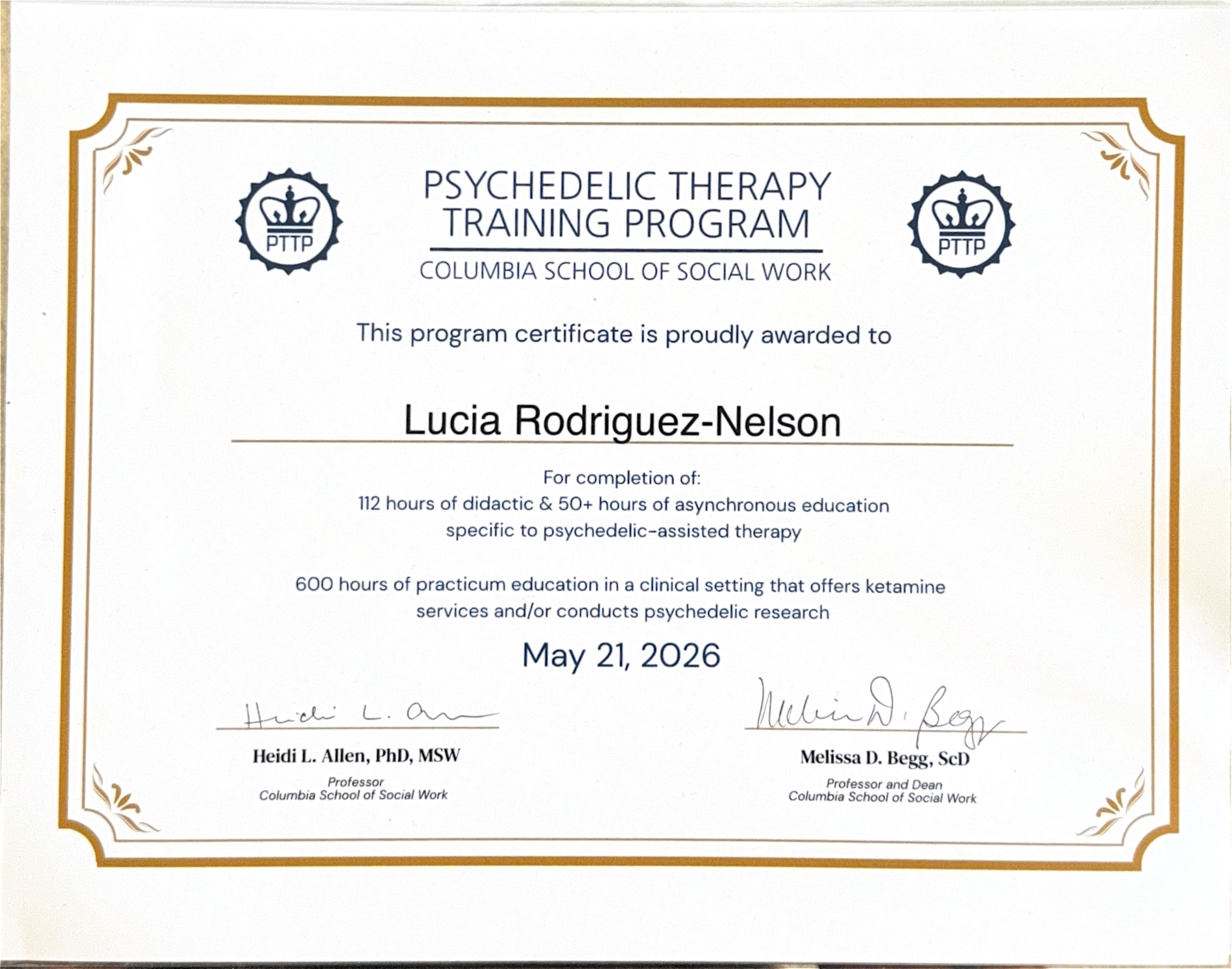 Psychedelic Therapy Training Program certificate, Columbia School of Social Work, awarded to Lucia Rodriguez-Nelson, May 2026.