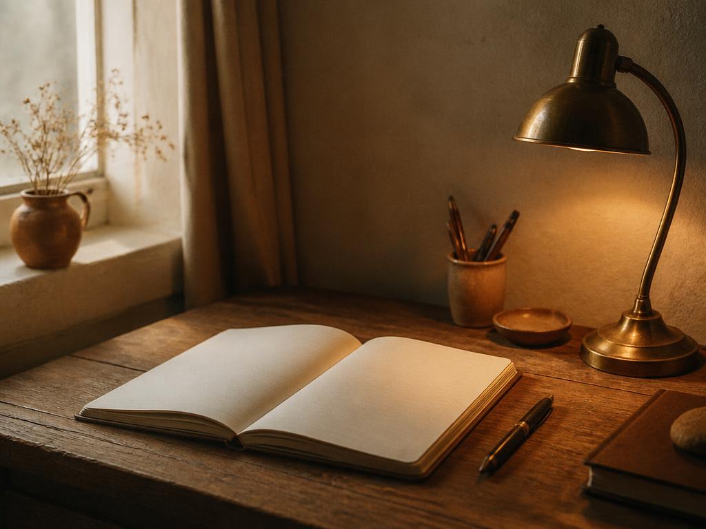 A quiet desk corner with an open notebook and a warm brass lamp