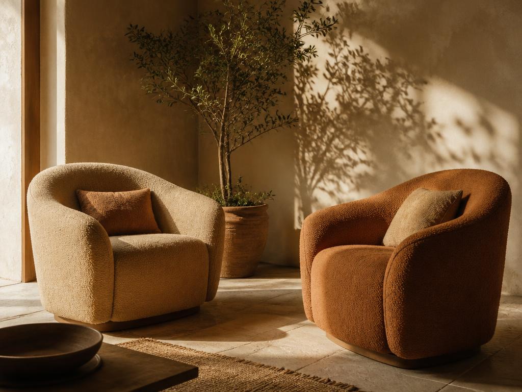 Two warm-toned armchairs turned slightly toward each other in soft natural light