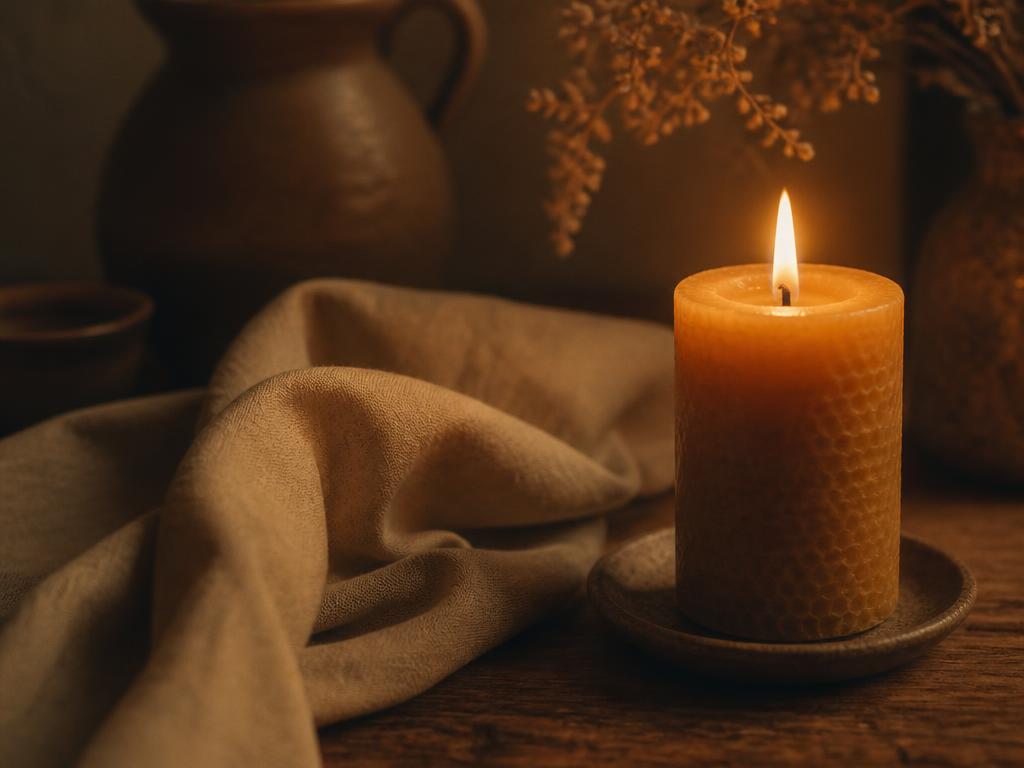 A lit candle beside soft linen in warm, low evening light
